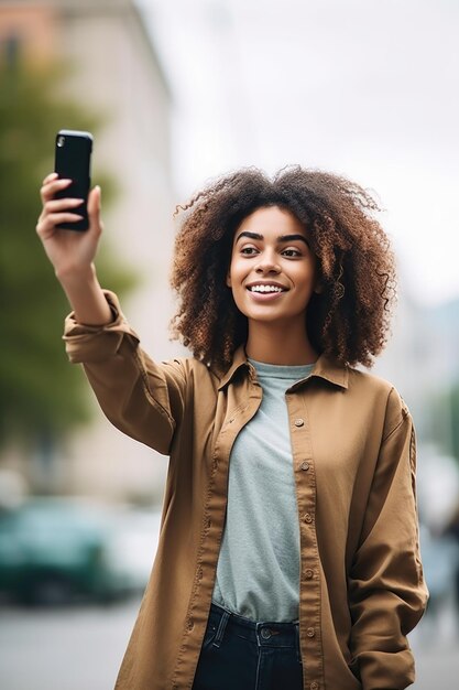 Aufnahme einer Frau, die ihr Handy hochhält, während sie draußen steht, erstellt mit generativer KI