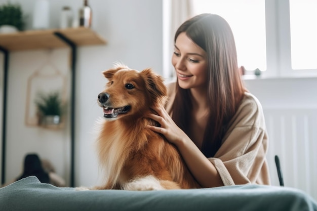 Aufnahme einer Frau, die ihren Hund zu Hause pflegen lässt, erstellt mit generativer KI