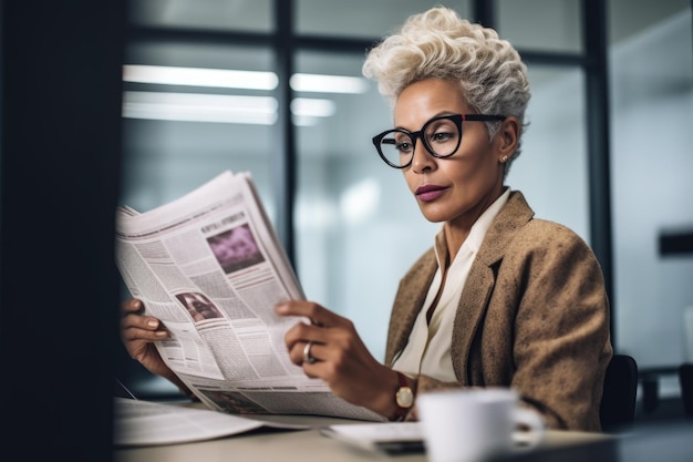 Aufnahme einer Frau, die im Büro Zeitung liest, erstellt mit generativer KI