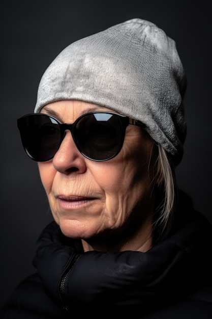 Aufnahme einer Frau mit Mütze und Sonnenbrille vor einem grauen Hintergrund, erstellt mit generativer KI