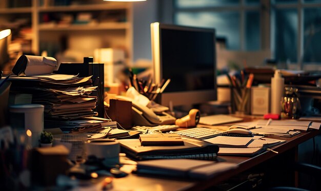 Foto aufnahme einer geschäftigen büro-schreibtischszene