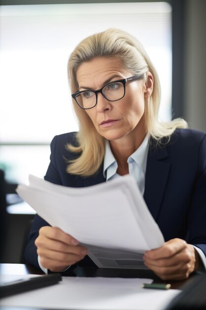 Aufnahme einer Geschäftsfrau, die verwirrt aussieht, während sie Papierarbeit in einem Büro liest