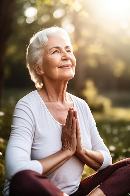 Aufnahme einer glücklichen älteren Frau, die im Freien Yoga macht, erstellt mit generativer KI