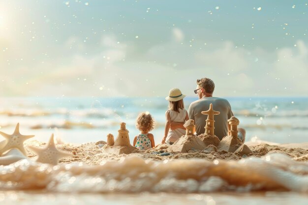 Aufnahme einer glücklichen Familie, die einen Tag am Strand genießt und Sandburgen mit Kopierraum baut