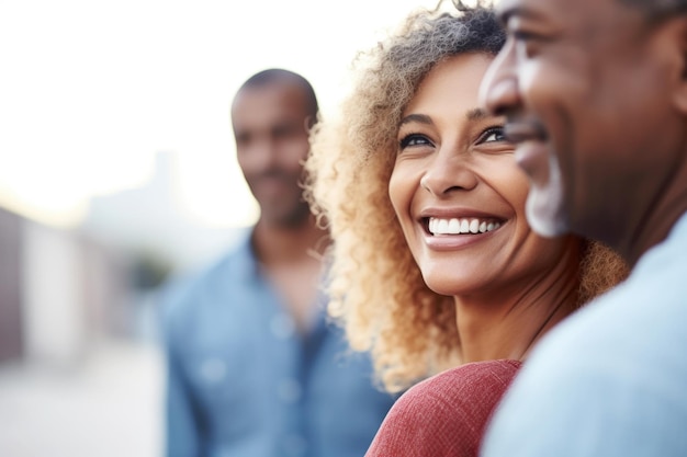 Aufnahme einer glücklichen Frau, die draußen steht, mit ihrem Partner im Hintergrund, erstellt mit generativer KI