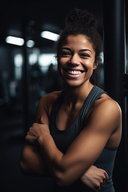 Aufnahme einer glücklichen jungen Frau im Fitnessstudio, die mit generativer KI erstellt wurde
