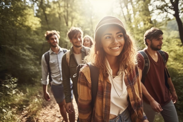 Aufnahme einer Gruppe junger Freunde, die gemeinsam eine Wanderung unternehmen, erstellt mit generativer KI