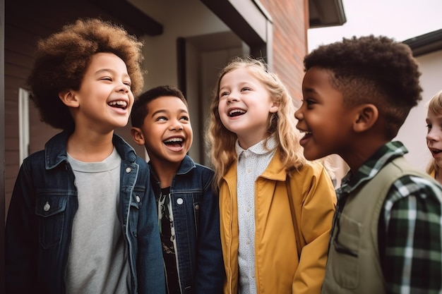 Aufnahme einer Gruppe junger Kinder, die draußen stehen und sich zusammen amüsieren, erstellt mit generativer KI