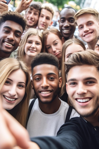 Aufnahme einer Gruppe junger Menschen, die gemeinsam Selfies bei einer Veranstaltung machen, die mit generativer KI erstellt wurde