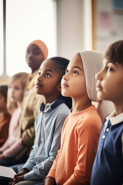 Foto aufnahme einer gruppe junger schüler, die ihrem lehrer im unterricht zuhören, erstellt mit generativer ki