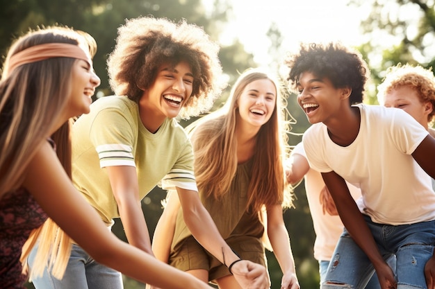 Aufnahme einer Gruppe Teenager, die sich draußen in einem Sommercamp vergnügen, das mit generativer KI erstellt wurde