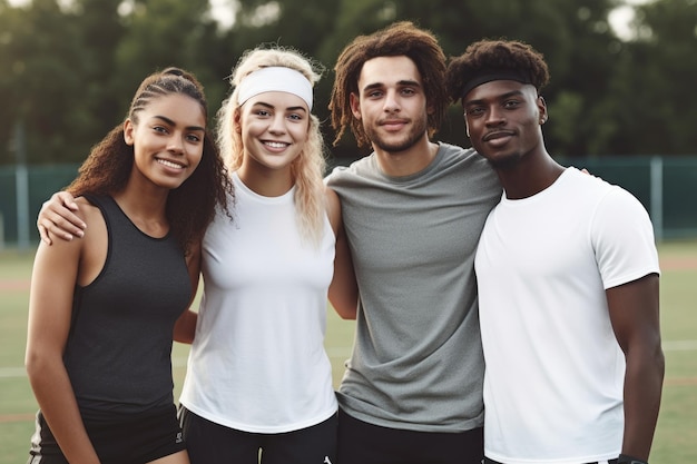 Foto aufnahme einer gruppe verschiedener junger menschen, die beim sport zusammenstehen