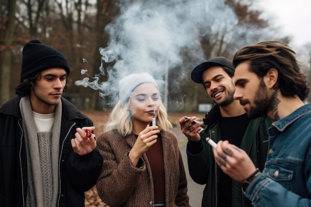 Aufnahme einer Gruppe von Freunden, die draußen skaten und rauchen, erstellt mit generativer KI