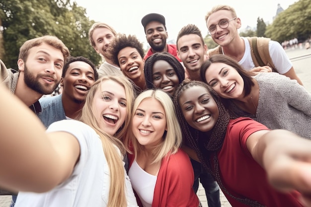 Aufnahme einer Gruppe von Menschen, die gemeinsam Selfies machen, erstellt mit generativer KI