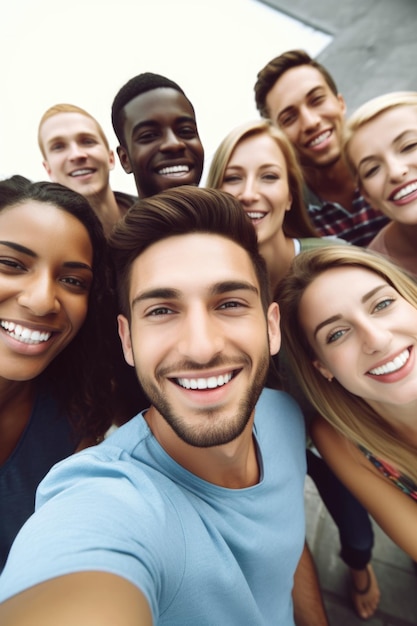 Aufnahme einer Gruppe von Menschen, die gemeinsam Selfies machen, erstellt mit generativer KI