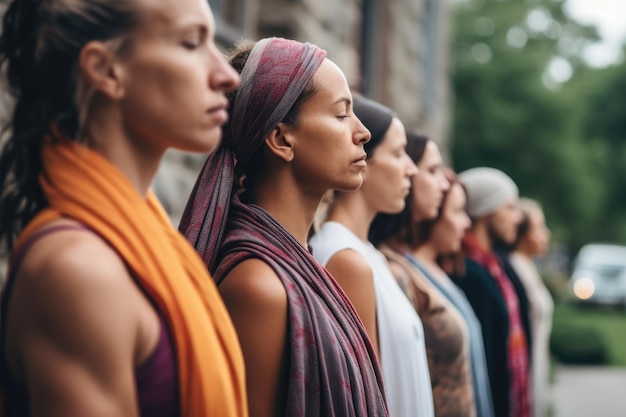 Aufnahme einer Gruppe von Yoga-Praktizierenden, die sich draußen aufstellen, erstellt mit generativer KI