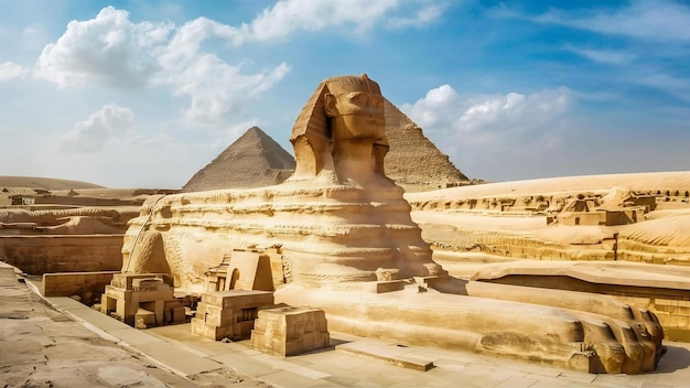 Aufnahme einer historischen Sphinx inmitten einer typischen ägyptischen Landschaft unter klarem Himmel