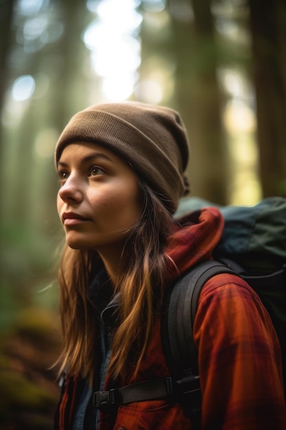 Aufnahme einer jungen Frau bei einer Wanderung durch den Wald