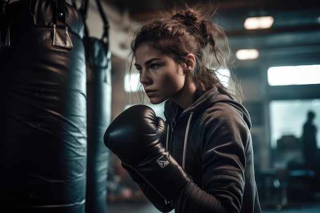 Aufnahme einer jungen Frau beim Boxtraining in einem Fitnessstudio, das mit generativer KI erstellt wurde