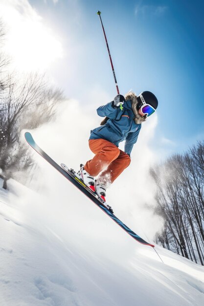 Aufnahme einer jungen Frau beim Freestyle-Skifahren, erstellt mit generativer KI