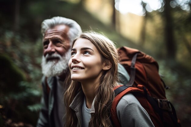 Aufnahme einer jungen Frau beim Wandern mit ihrem Vater, erstellt mit generativer KI