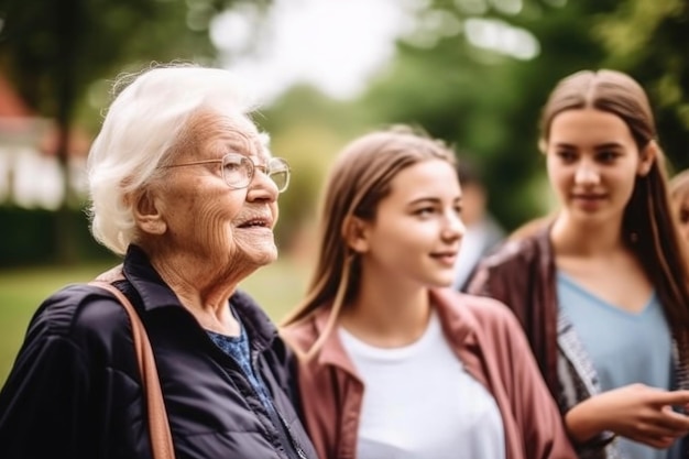 Foto aufnahme einer jungen frau, die älteren bürgern eine führungsreise anbietet, erstellt mit generativer ki