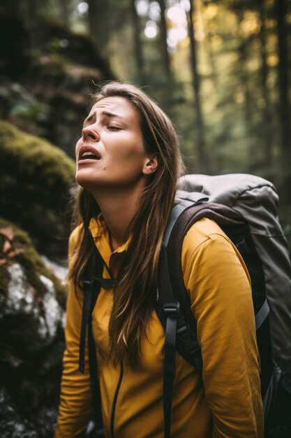 Aufnahme einer jungen frau, die beim wandern im wald unter übelkeit leidet