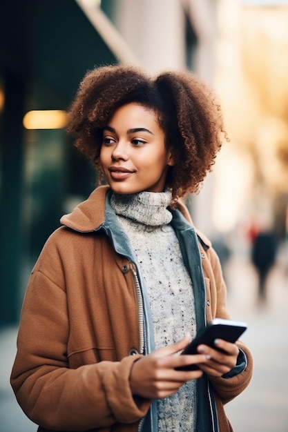 Foto aufnahme einer jungen frau, die draußen steht und ein smartphone benutzt