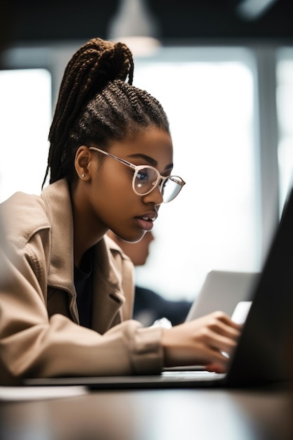 Foto aufnahme einer jungen frau, die einen laptop im unterricht benutzt