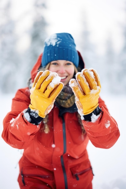 Aufnahme einer jungen Frau, die Handschuhe trägt, während sie im Schnee spielt, erstellt mit generativer KI