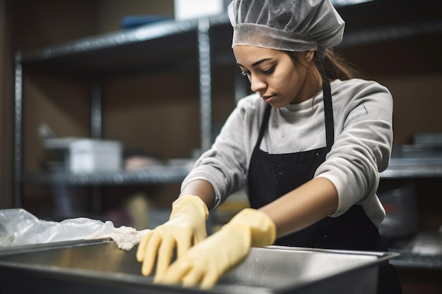 Aufnahme einer jungen Frau, die Handschuhe trägt, während sie in einer mit generativer KI erstellten Lebensmittelbank arbeitet