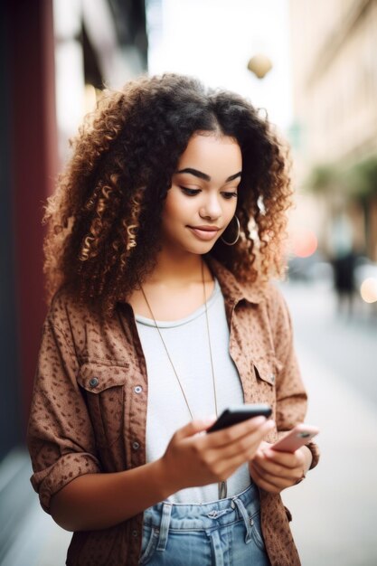 Aufnahme einer jungen Frau, die ihr Handy benutzt, um eine Textnachricht zu senden