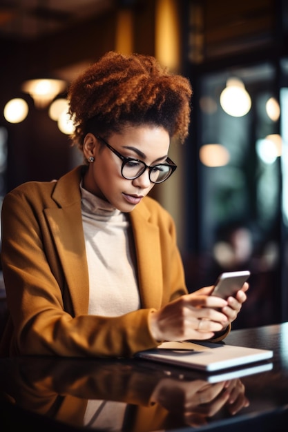 Aufnahme einer jungen Frau, die ihr Handy benutzt, während sie in einem Café an ihrem Laptop arbeitet