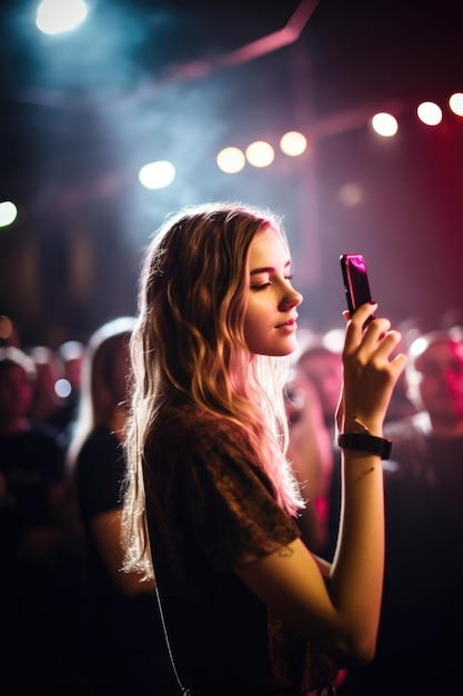 Aufnahme einer jungen Frau, die ihr Mobiltelefon bei einem mit generativer KI erstellten Indoor-Konzert benutzt