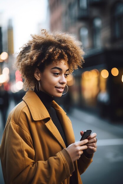 Aufnahme einer jungen Frau, die ihr Mobiltelefon in der Stadt benutzt, erstellt mit generativer KI