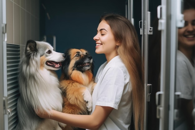 Aufnahme einer jungen Frau, die ihre Hunde vom Hundefriseur entgegennimmt, erstellt mit generativer KI