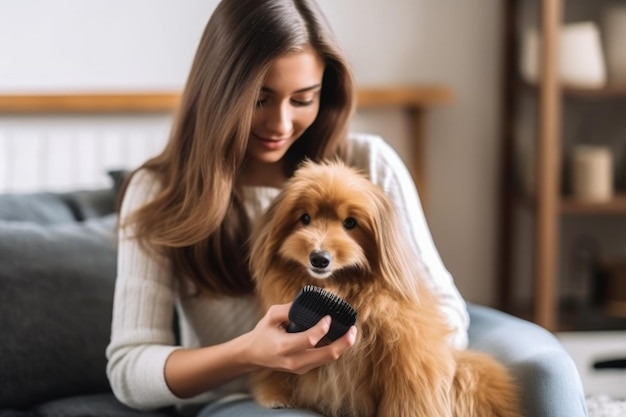 Aufnahme einer jungen Frau, die ihren Hund hält, während ihm mithilfe generativer KI die Haare gebürstet werden