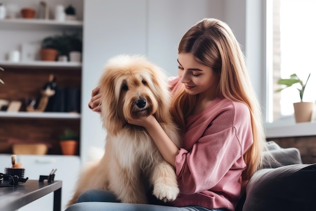 Aufnahme einer jungen Frau, die ihren Hund hält, während sie ihn zu Hause pflegen lässt, erstellt mit generativer KI