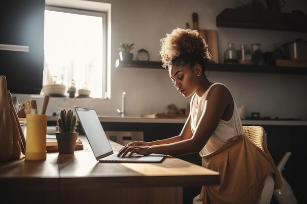 Aufnahme einer jungen Frau, die ihren Laptop benutzt, während sie Hausarbeit erledigt, erstellt mit generativer KI