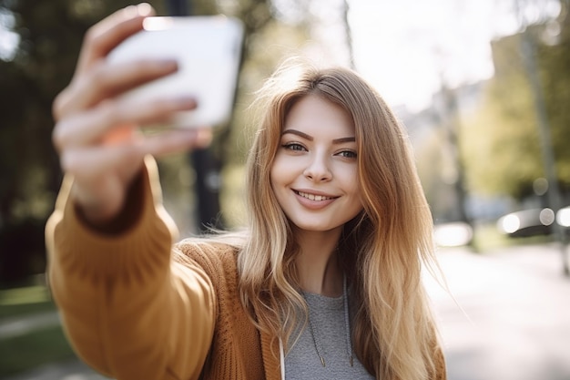 Aufnahme einer jungen Frau, die im Freien ein Selfie macht, erstellt mit generativer KI