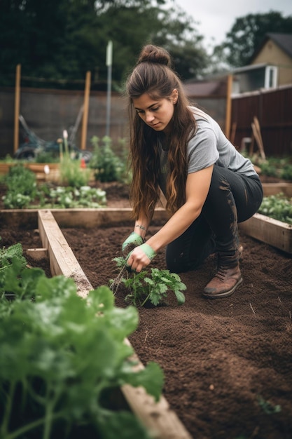 Aufnahme einer jungen Frau, die in einem Gemeinschaftsgarten arbeitet, der mit generativer KI erstellt wurde