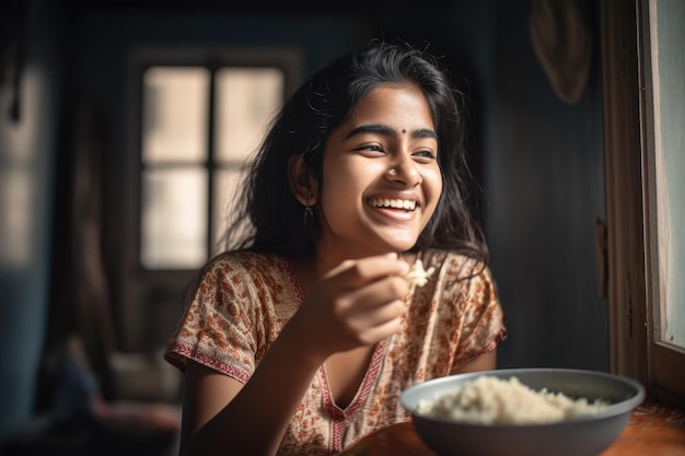 Aufnahme einer jungen Frau, die in ihrem Haus Reis isst, erstellt mit generativer KI