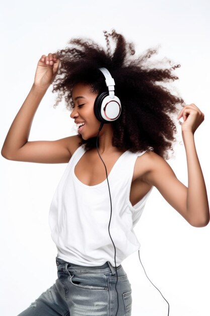 Aufnahme einer jungen Frau, die Kopfhörer trägt und vor einem weißen Hintergrund tanzt, der mit generativer KI erstellt wurde