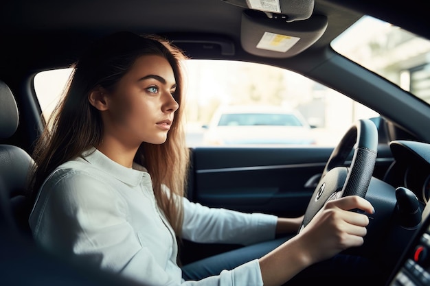 Aufnahme einer jungen Frau, die mit einem mit generativer KI erstellten Fahrlehrer fahren lernt