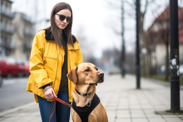 Aufnahme einer jungen Frau, die mit ihrem mit generativer KI erstellten Blindenhund draußen steht