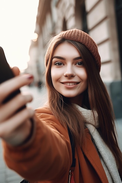 Foto aufnahme einer jungen frau, die mit ihrem smartphone draußen ein selfie macht, das mit generativer ki erstellt wurde