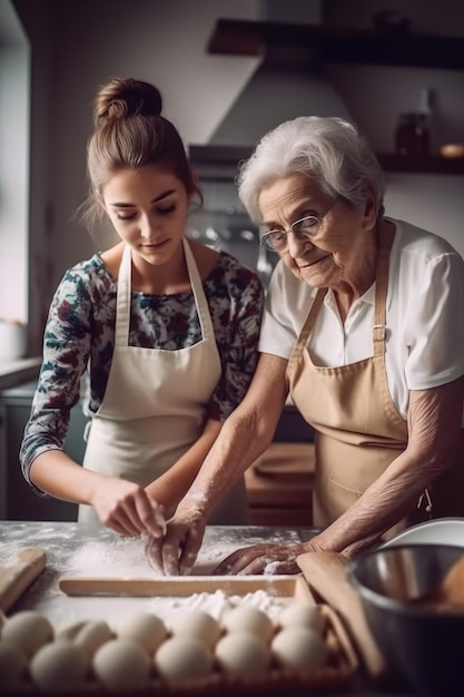 Aufnahme einer jungen Frau, die mit ihrer Mutter und ihrer Großmutter in der Küche backt