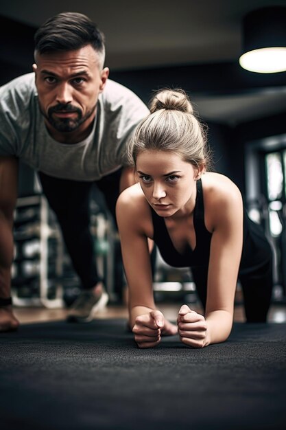 Aufnahme einer jungen Frau, die Pushups vor ihrem persönlichen Trainer macht, erstellt mit generativer KI