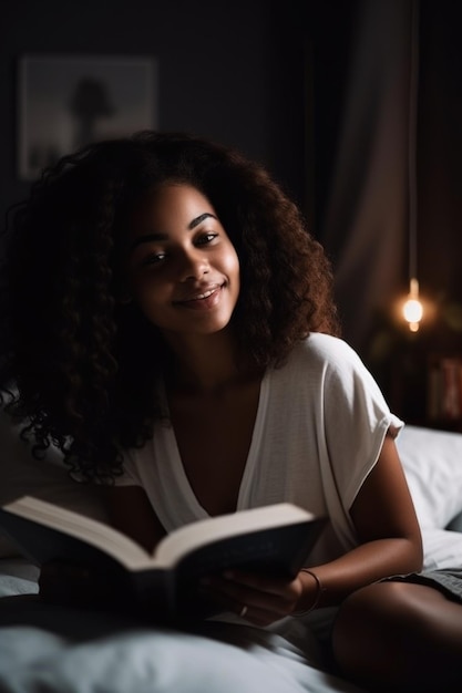 Aufnahme einer jungen Frau, die sich in ihrem Schlafzimmer entspannt und ein mit generativer KI erstelltes Buch liest