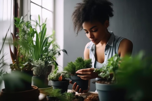 Aufnahme einer jungen Frau, die sich um einige Pflanzen kümmert, die mit generativer KI geschaffen wurden